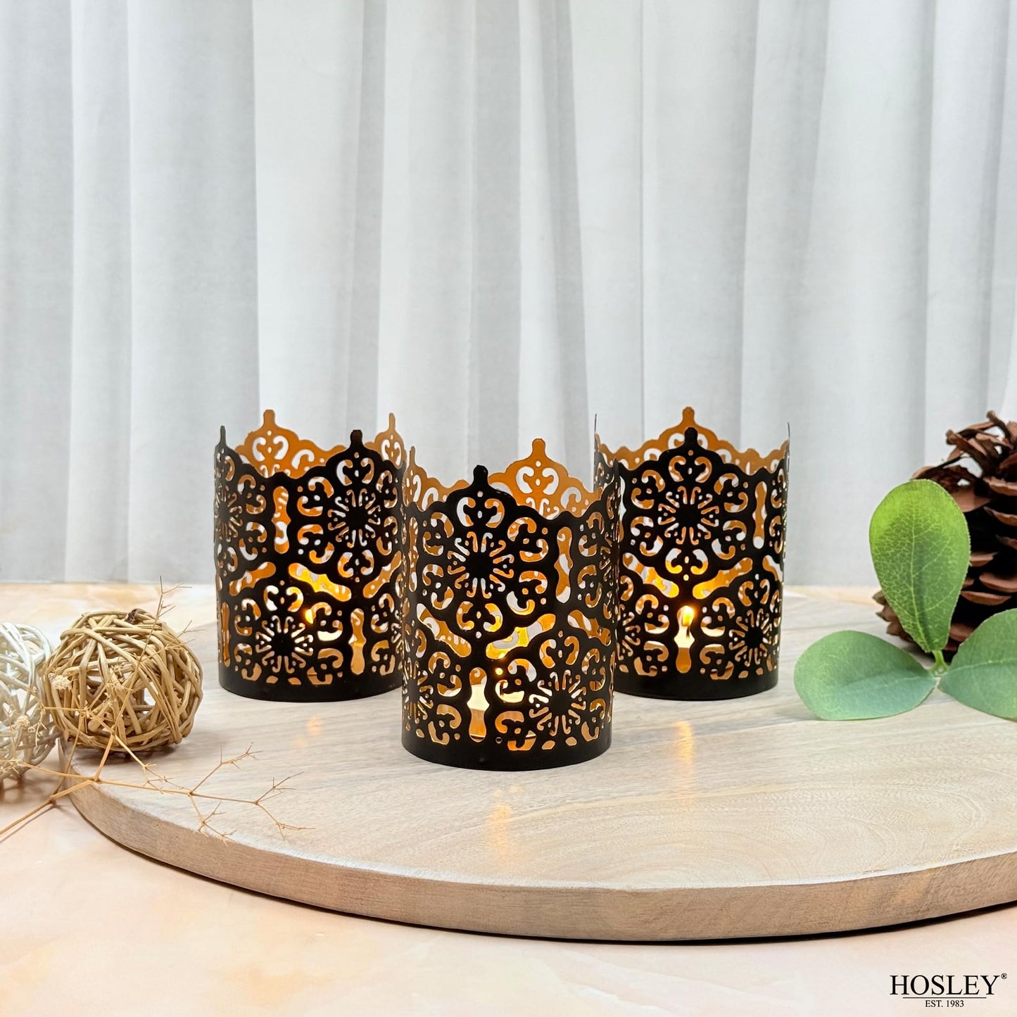 Hosley Set of 3 Black Metal Candle Holders 4 Inch High - Lattice Cut Lanterns for Table Centerpiece, Wedding, Home Decor, Indoor Outdoor