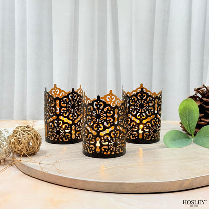 Hosley Set of 3 Black Metal Candle Holders 4 Inch High - Lattice Cut Lanterns for Table Centerpiece, Wedding, Home Decor, Indoor Outdoor