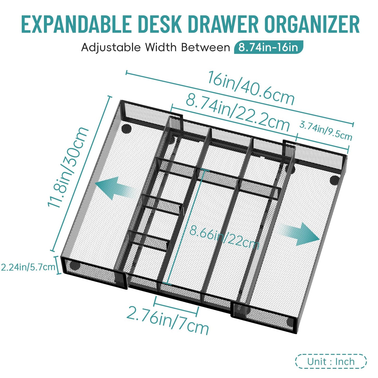 ReePlan 2 Pack Expandable Desk Drawer Organizer Tray with 10 Adjustable Compartments Metal Mesh Office Drawer Organizer for Home, School Supplies, Makeup Vanity & Jewelry (Black)