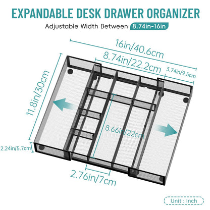 ReePlan 2 Pack Expandable Desk Drawer Organizer Tray with 10 Adjustable Compartments Metal Mesh Office Drawer Organizer for Home, School Supplies, Makeup Vanity & Jewelry (Black)
