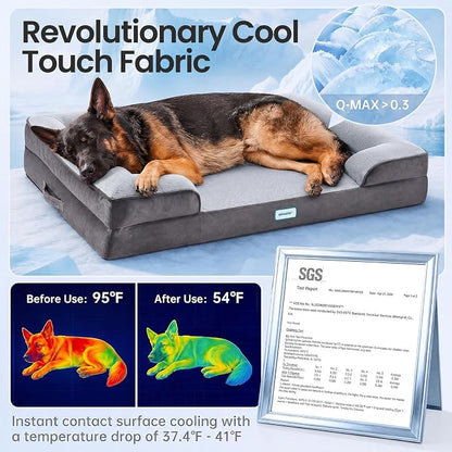 OhGeni Orthopedic Cooling Dog Bed Couch, Cooling Big Pet Sofa for Extra Large Sized Pets with Memory Foam, Machine-Washable Waterproof Removable Cover, Soft Comfortable Fabric, 44-inch (Cool Gray)