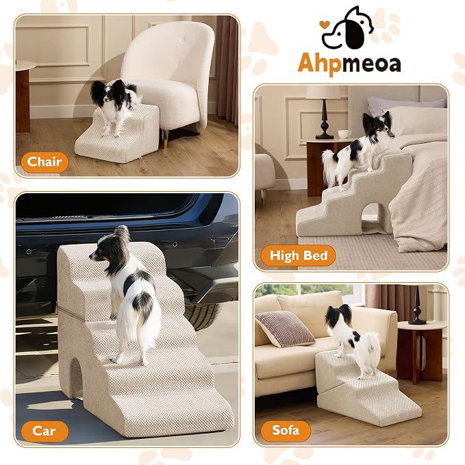 Dog Stairs for Bed 23’’ H, 5-Step Dog Steps for High Bed, Foldable Pet Stairs for Small Dogs and Cats to Get on Beds, Couch, Non-Slip Balanced Pet Steps and Ramp with Waterproof Cover, Beige