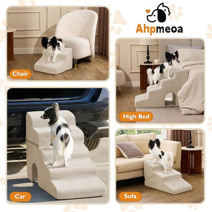 Dog Stairs for Small Dogs 16’’ H, 3-Step Dog Steps for Bed, Foldable Pet Stairs and Ramp for Dogs and Cats to Get on Beds, Couch, Non-Slip Balanced Pet Steps with Waterproof Cover, Beige