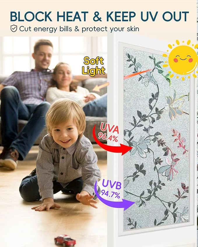 Frosted Glass Window Film with Elegant Flower Design, Bathroom Window Privacy Film for Glass Windows Cover, Static Cling, Removable, Reusable, Anti-UV, Anti-Glare, 35.4 Inch * 78.74 Inch