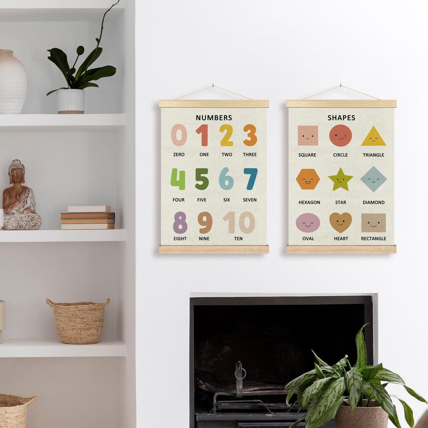 BCUANGD Classroom Wall Decor - Toddlers Kids Numbers Poster Hanger with Wood Frames Set of 2, Neutral Educational Wall Hanging Canvas Decor for Kids Room Nursery Home, 12x16 Inches