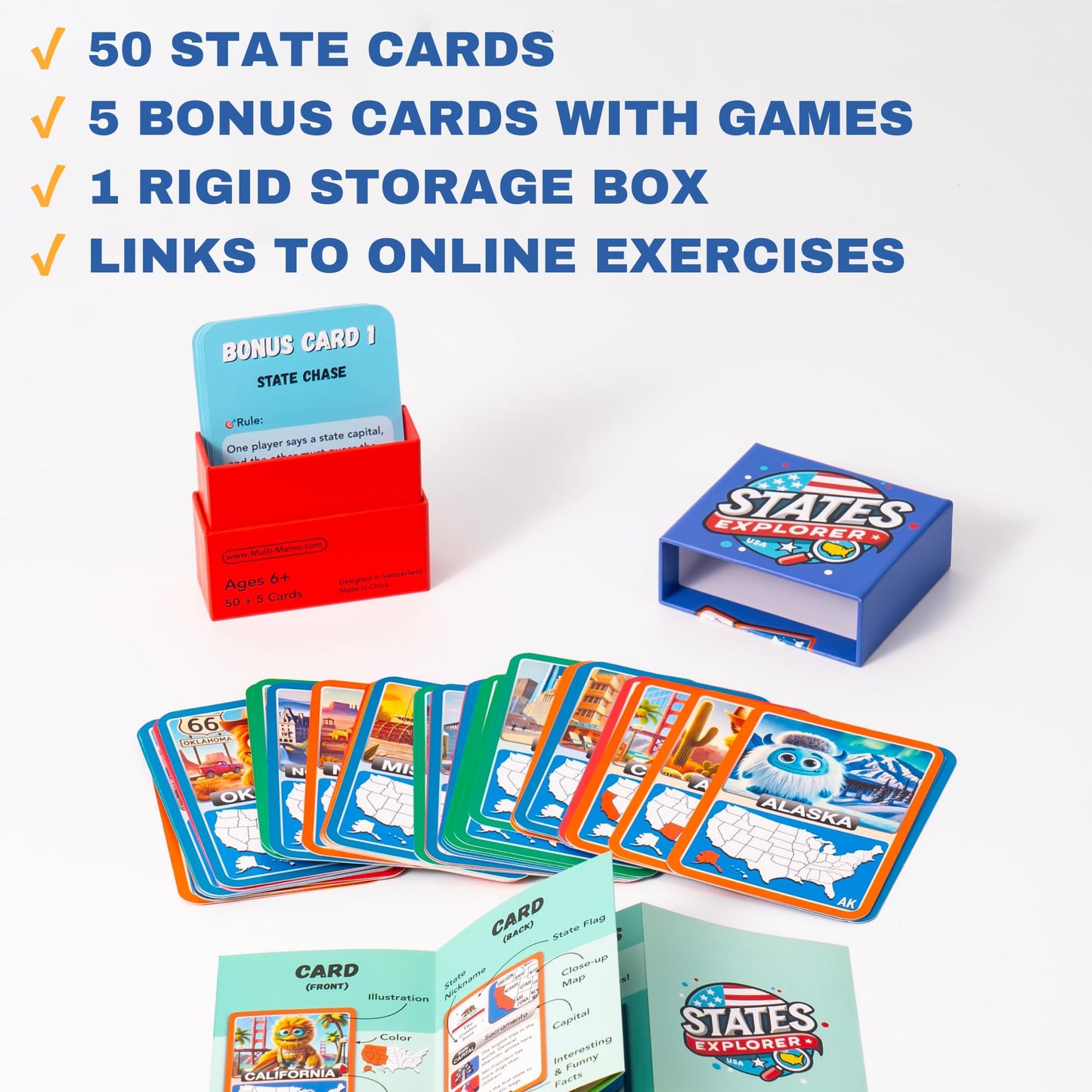 States Explorer – USA State Flashcards for Kids Ages 6+ | 50 United States Cards with Fun Facts, Capitals, Maps & Characters | Educational Geography Game | Perfect for Homeschool, Classroom & Travel
