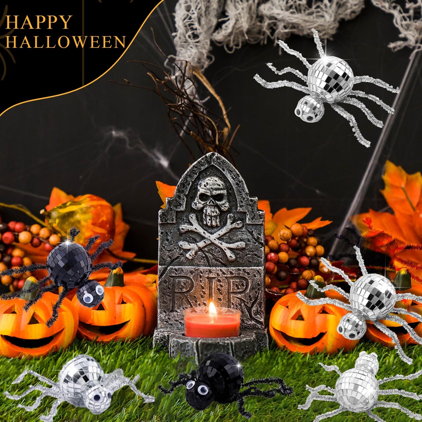 24 Pcs Halloween Disco Spiders Halloween Disco Decor DIY Disco Spiders Making Kit for Halloween Party Decor Glitter Disco Ball with Sparkle Pipe Wiggle Googly Eyes for Halloween DIY Spiders (Spider Shape)