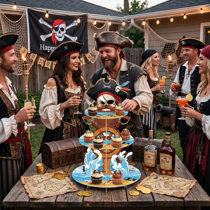 Widecook 3 Tier Pirate Cupcake Stand Decoration Nautical Sailing Skull Cap Cupcake Tower Pirate Table Decoration Treasure Dessert Holder Table Display for Birthday Halloween Nautical Party Decor