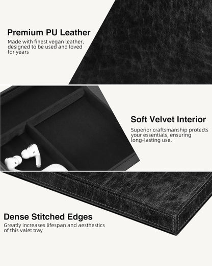 Investme Valet Tray with Wireless Charger, Nightstand Organizer for Men, EDC Catchall Tray for Keys, Watch, Wallet, Jewellery, Premium Vegan Leather, Bedside Caddy, Stylish and Organized, PU Black