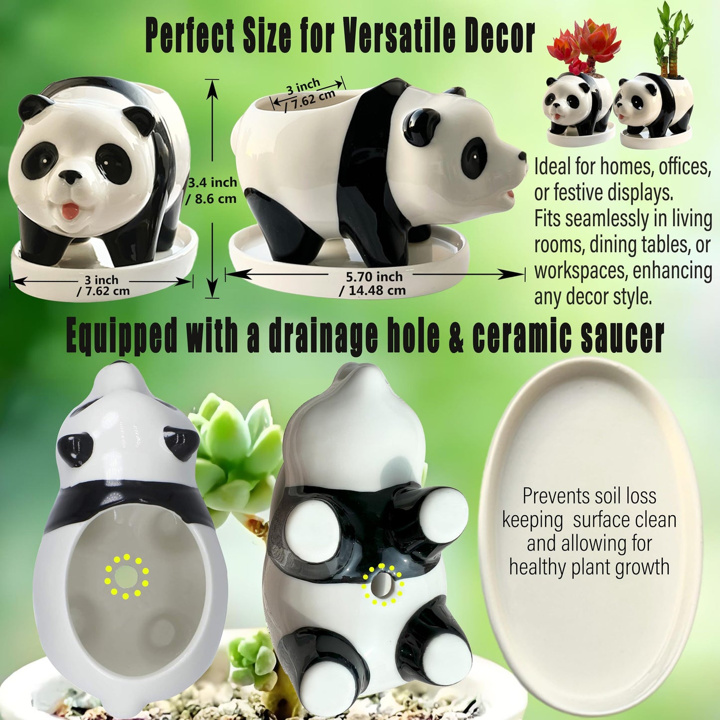 KEEPPACE 2PC Panda Bamboo Planter Pots-5.7‘‘ Ceramic Animal Planters | Succulent Pots & Drainage Tray-Lucky Bamboo Plant Pots Flower Pots Indoor-Air Plants-Cactus Planters-Garden Home Decor