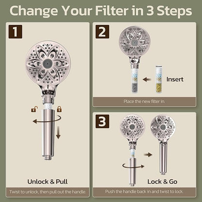 6-Setting Filtered Handheld Shower Head, JDO High Pressure Shower Head with Replaceable Filter Cartridge 4.7 Inch Detachable Showerhead for Chlorine Hard Water Removal 59 Inch Stainless Steel Hose