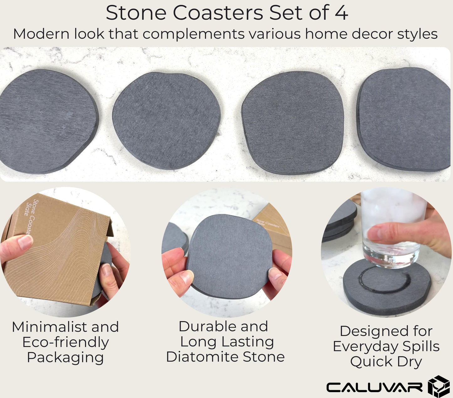 Stone Coasters Slate Set of 4, Absorbent Diatomaceous Earth Coasters for Drinks, Small Plant Coaster, Modern Gray Home Decor, Birthday Gift for Him, Fast Absorbing Diatomite Coaster, Stone Coasters