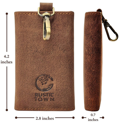 RUSTIC TOWN Leather Key Holder - Smart Fob Car Key Loop - Leather Key Pouch Wallet Slim Keychain with 6 Key Holder - Stylish and Practical Key Organizer for Men and Women