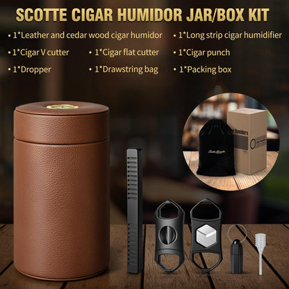 Scotte Cigar humidor case/jar,Leather Cedar Wood Cigar Canister Portable for 12-16 Cigar (Brown)