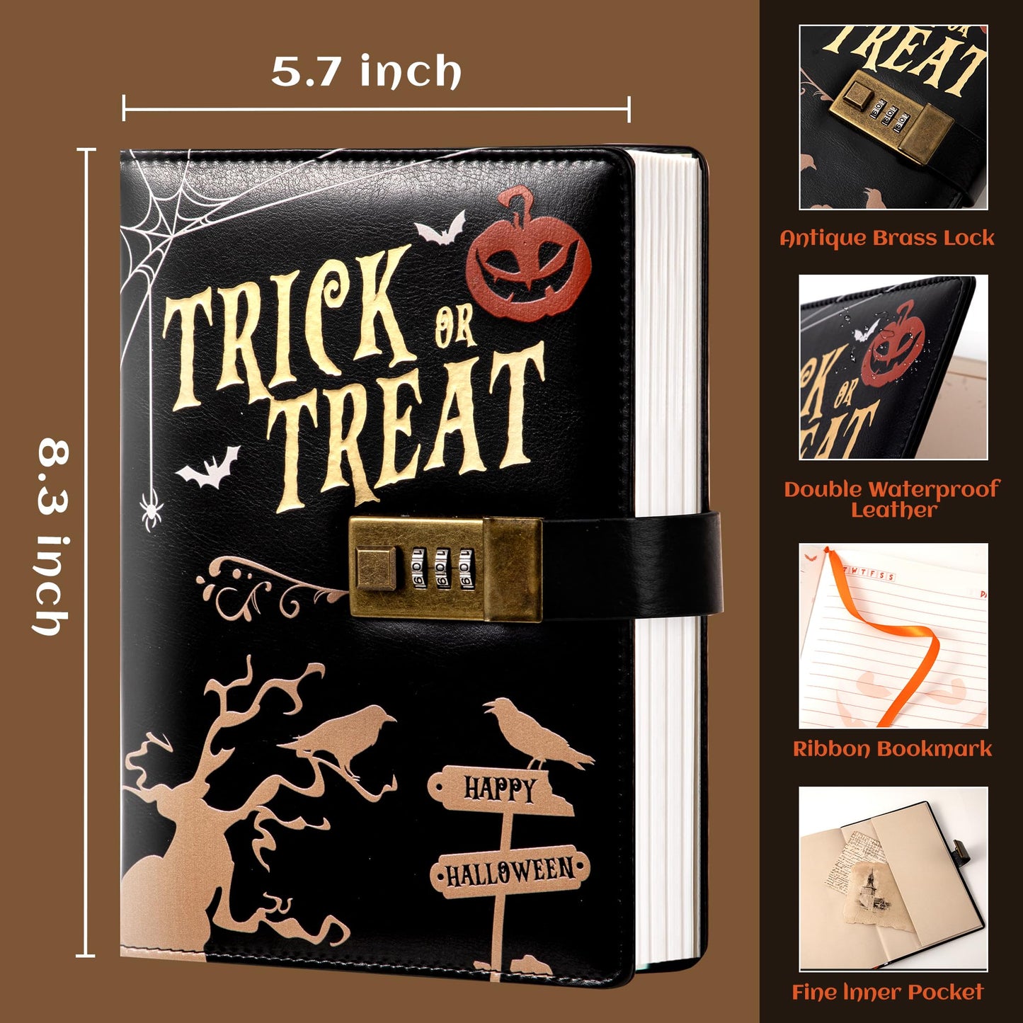 CAGIE Journal with Lock for Women Men, A5 Locked Journal with Pumpkin Pen Set, Halloween Notebook with Combination Lock 192 Pages Diary with Lock, 5.7x 8.3 Inches, Trick or Treat Black