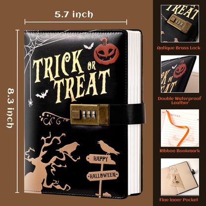 CAGIE Journal with Lock for Women Men, A5 Locked Journal with Pumpkin Pen Set, Halloween Notebook with Combination Lock 192 Pages Diary with Lock, 5.7x 8.3 Inches, Trick or Treat Black