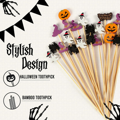 200 PCS Halloween Toothpicks - 4.7" Bamboo Cocktail Picks for Appetizers, Drinks, and Halloween Party Decorations