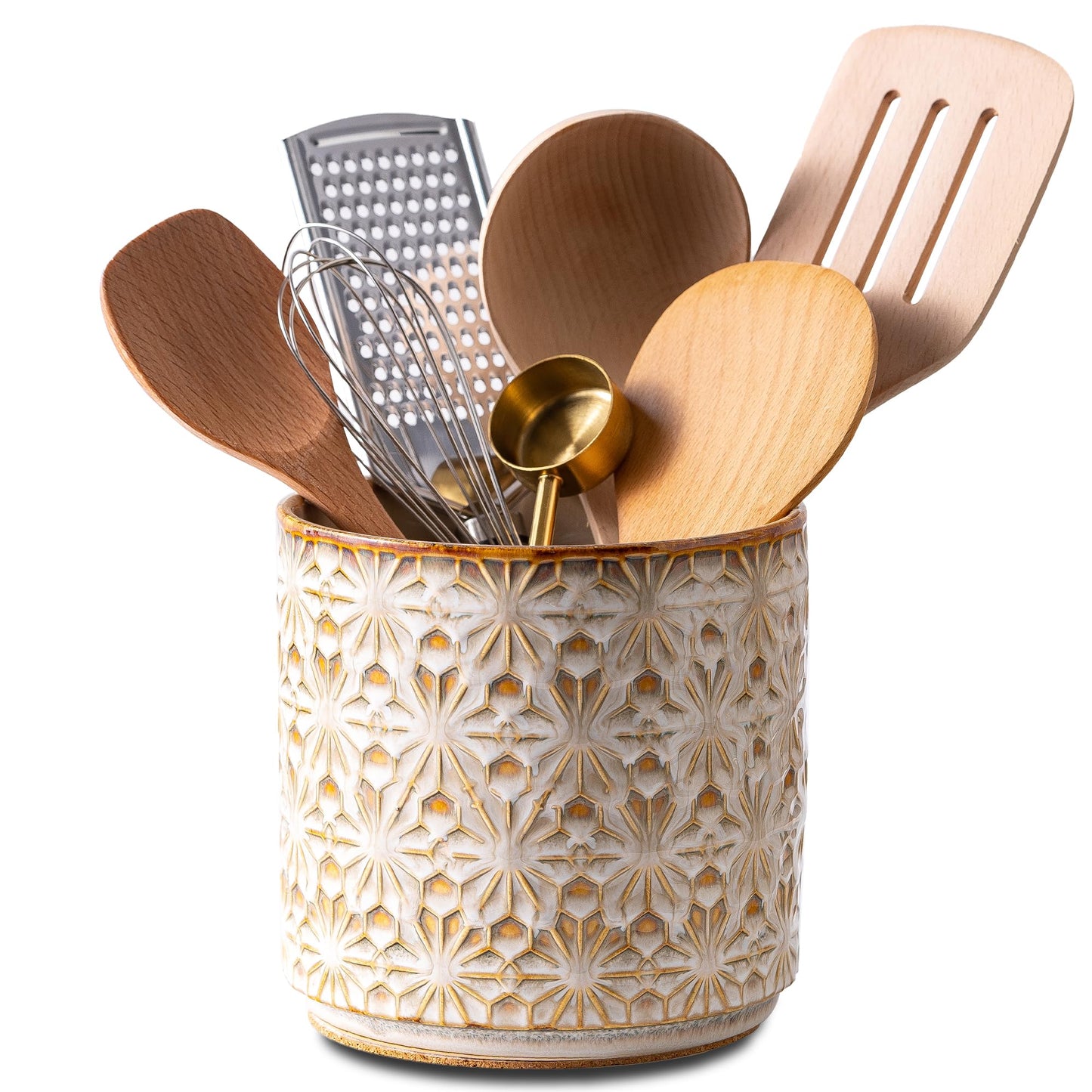 Noevany Utensil Holder Rustic Farmhouse Ceramic Utensil Crock for Countertop - 5.3" Handcrafted Kitchen Cooking Utensil Crocks with Cork Base, Natural Finish for Kitchen Tools Storage