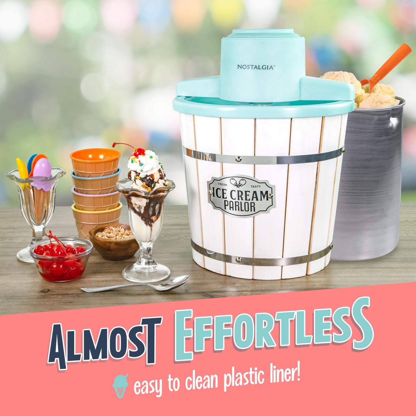 Nostalgia Electric Ice Cream Maker - Old Fashioned Soft Serve Ice Cream Machine Makes Frozen Yogurt or Gelato in Minutes - Fun Kitchen Appliance - Vintage Wooden Style - Light Wood - 4 Quart