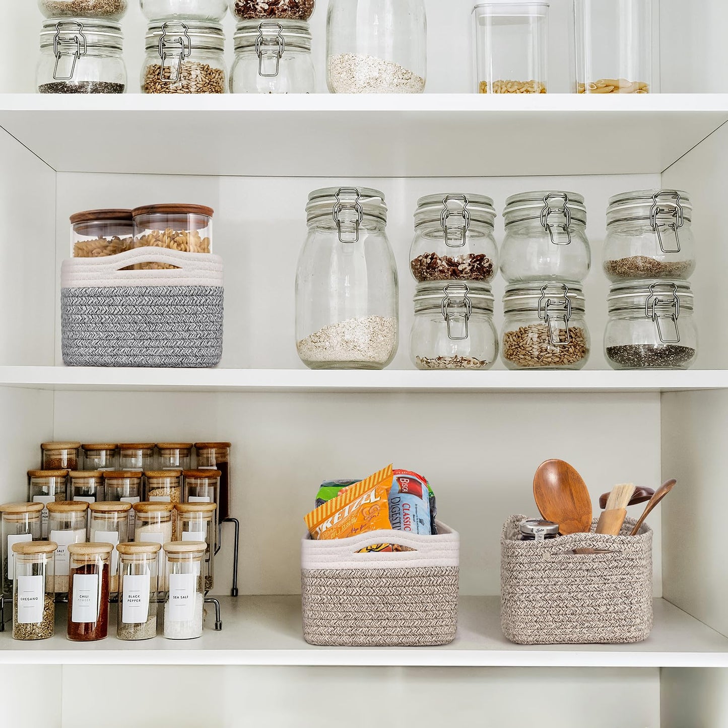 Goodpick Storage Bins, Baskets for Shelves, Cotton Rope Basket for Organization, Closet Organizer Bins, Towel Baskets for Bathroom 3 Pack, White & Light Gray, 11 x 7 x 4.5 in