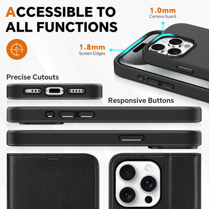 TUCCH Case Wallet for iPhone 15 Pro, Detachable Stand RFID Blocking 4 Card Slot Wireless Charging Shockproof Case, 2-in-1 Magnetic PU Leather Removable Folio Compatible with iPhone 15 Pro 6.1", Black