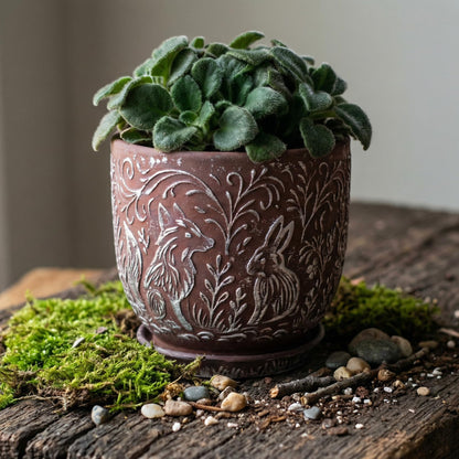 Decorative Ceramic Planter Pot with Saucer, Brown with Gold and Silver Owl Pattern, Indoor Garden Container with Drainage (G&S, 6 inch)