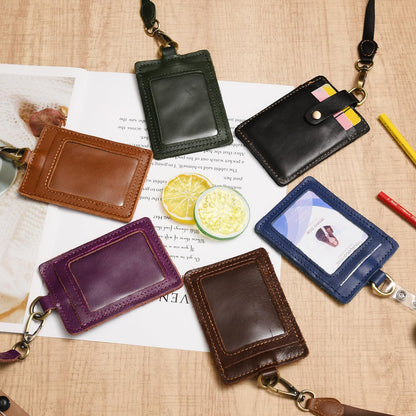 Wonderpool ID Badge Holder Genuine Leather Card Slots Case with Detachable Neck Lanyard and Retractable Badge Reel for Office School Hospital Exhibition ID & Driver Licence (Purple)