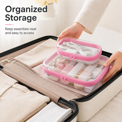 2-Pack Clear Hardshell Zipper Case, 1.2mm Thicken Crush-Proof Travel Toiletries Bag, TSA Approved Portable Zipper Pouches, Rigid Toiletry & Diaper Bag Organizer for Tech, Toys & Art Supplies(Pink)
