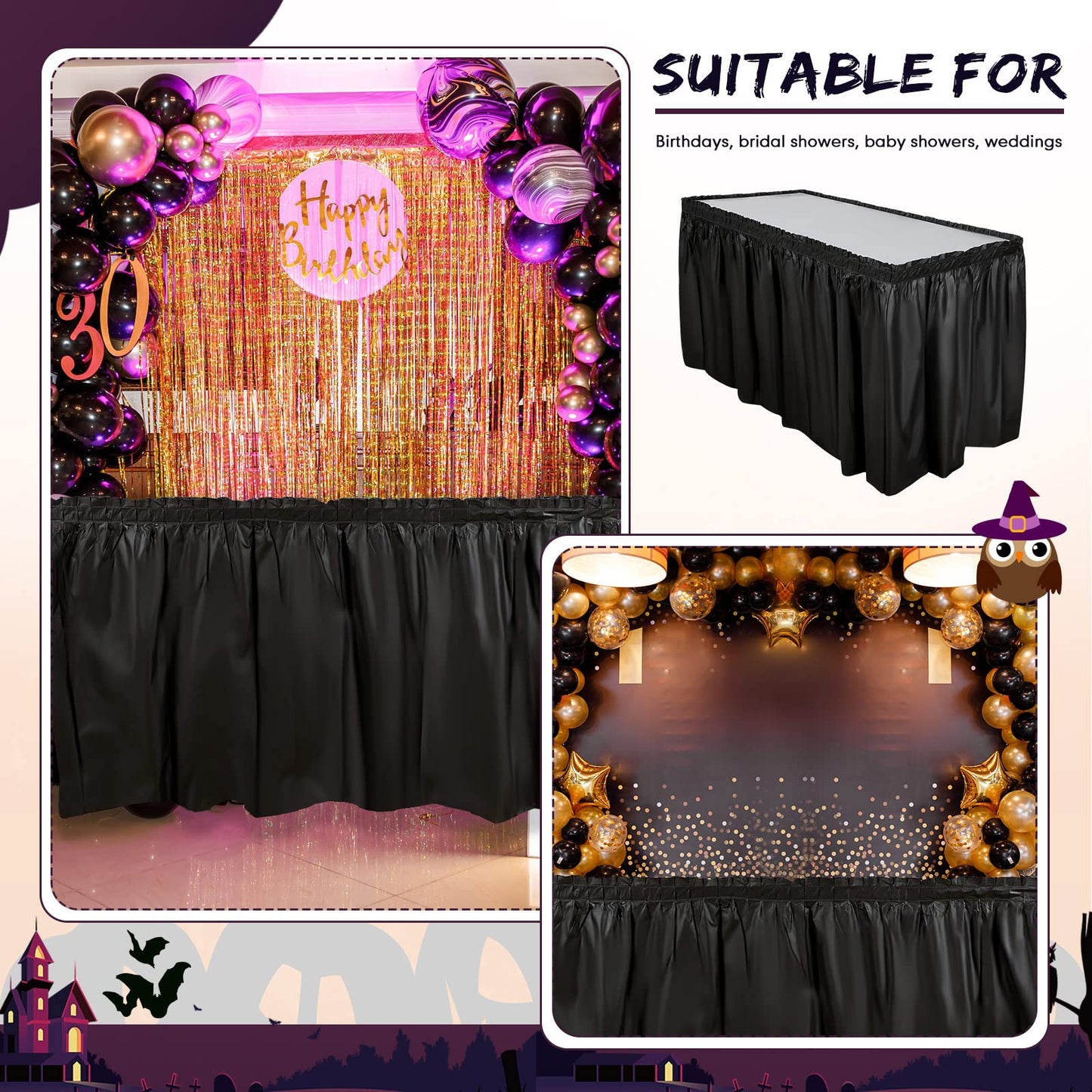 Breling 4 Pcs Plastic Table Skirt 29 Inches x 14 ft Disposable Table Skirt for Rectangle Tablecloth Wedding Shower Birthday Party Banquet(Black)