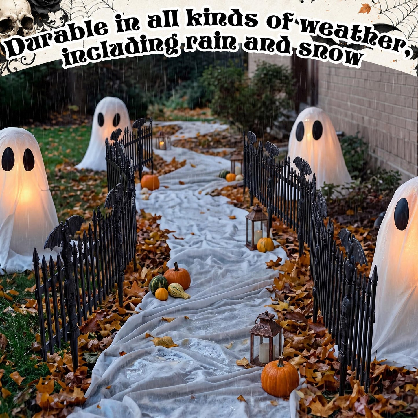 Sintuff 6 Pack Halloween Garden Fence Decoration, 18.5" x 12" Spooky Bat and Skull Decorative Plastic Fence Panel, Gothic Outdoor Yard Prop for Graveyard Scene Path Borders Haunted House Party Decor