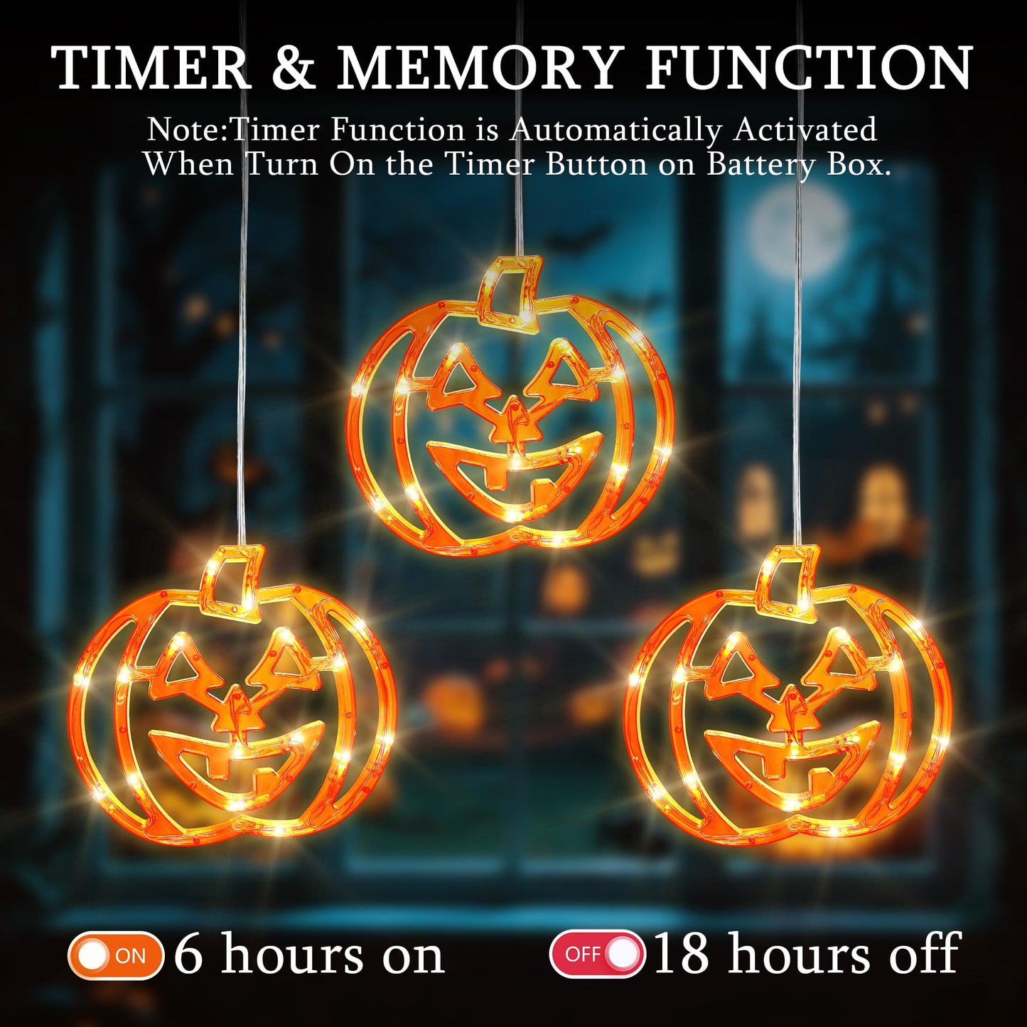 Qunlight Halloween Window Lights,3 Pack 48LED Pumpkin String Light with Battery Operated,Timer Memory Hanging Orange Halloween Light for Spooky Decor Outdoor Indoor Curtain Home Party Gift