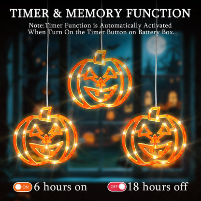 Qunlight Halloween Window Lights,3 Pack 48LED Pumpkin String Light with Battery Operated,Timer Memory Hanging Orange Halloween Light for Spooky Decor Outdoor Indoor Curtain Home Party Gift