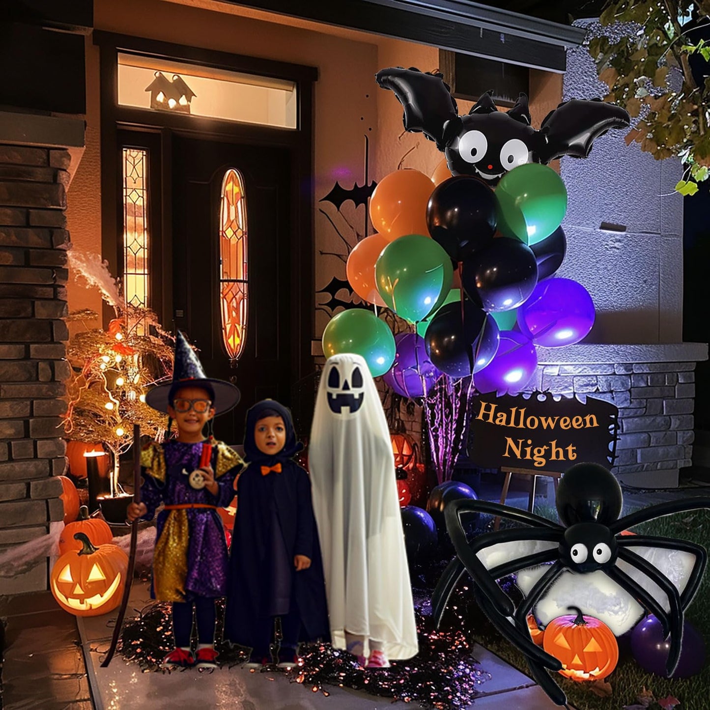 Halloween Balloon Garland Arch Kit 100+pcs Orange and Black Purple green balloons with Spooky Bat Pumpkin foil Balloons spider web for fall Halloween Party spooky-themed birthday Decorations