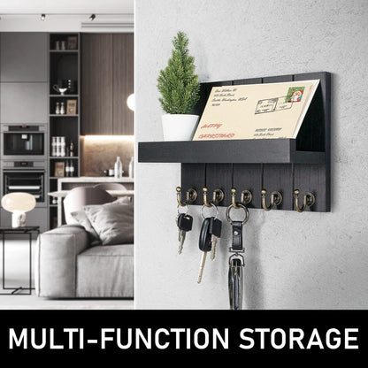 Rebee Vision Farmhouse Key Holder Wall Mount - Modern Key Holder for Living Room and Mail Organizer with Shelf & Hooks for Apartment Essentials - Home Decor Aesthetic (Black, 3.54"D x 10"W x 7.28"H)