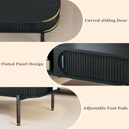 Coffee Table, 39.4" Mid Century Modern Coffee Tables for Living Room, Coffee Table with Storage Open Shelf, Fluted Table with Sliding Cabinet Door, 2-Tier Rustic Wood Desktop, Black