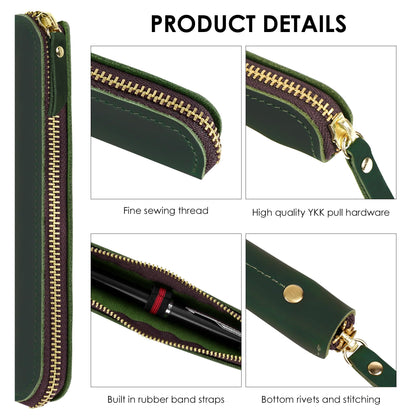 JANKINGS Crazy Horse Leather Zipper Pen Pouch Handmade, Single Pen Case Fountain Pen Sleeve Holder Pouch Cover Vintage, Mini Pencil Bag (Green)
