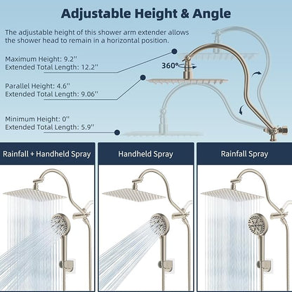 Hibbent All Metal CUPC Certified Shower Head, 10'' High Pressure Rainfall Shower Head, Handheld Showerhead Combo, 12'' Adjustable Extension Arm, 10 Sprays, 71'' Hose, Showerhead Holder, Brushed Nickel