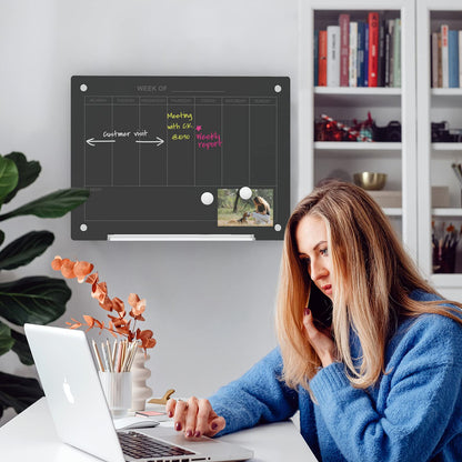 Audio-Visual Direct Magnetic Black 7 Day Calendar Glass Dry-Erase Board Set - 2' x 1.5' - for Wall - Weekly Planner