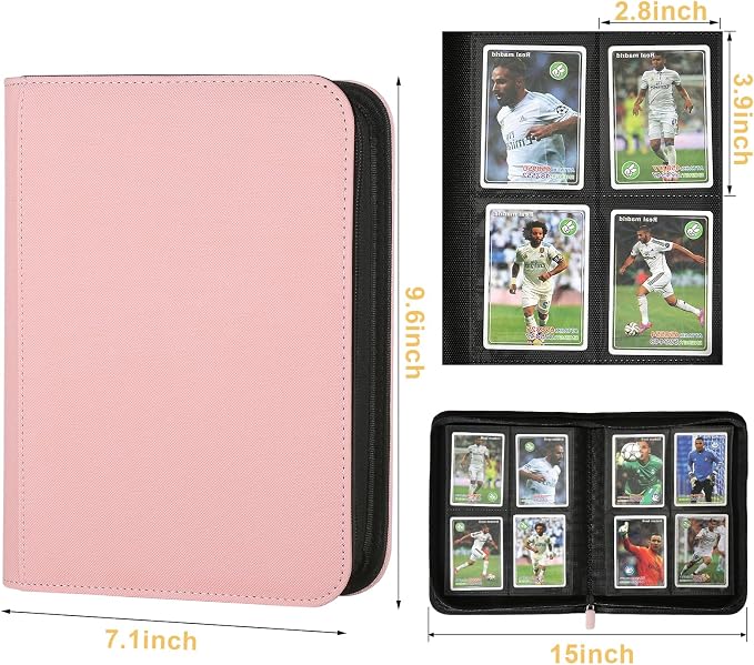 4 Pocket Ringless Side Loading Trading Card Binder, 160 Cards PU Fixed Page Zipper Card Album for TCG Sports Game Cards, Not Fit Top Loaders (Pink)