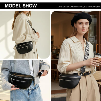 Long Keeper Faux Leather Crossbody Bags Bum Bag for Women Fanny Pack Lady Trendy Shoulder Sling Bag Waist Bags Belt Bag (Matte Black)
