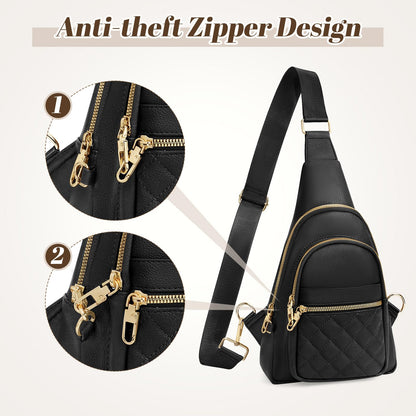 JASGOOD Women Anti-theft Crossbody Sling Bag, Leather Chest Bag Sling Backpack for Fashion Travel,Black