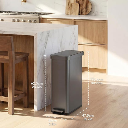 EKO Hudson Slim Trash Can with Lid, 13 Gal Stainless Steel, Gunmetal Gray | Kitchen, step pedal, soft close lid, stay-open frame, secure liner ring, rear handle