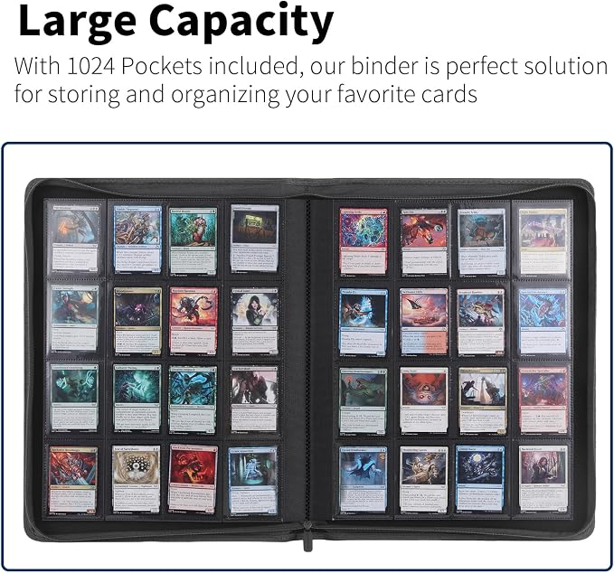 Snekdy premium 1024-pocket trading card binder, 16-pocket cards album, waterproof PU-leather Cover album with side loading, holds gaming, baseball, basketball & sports cards (light grey)