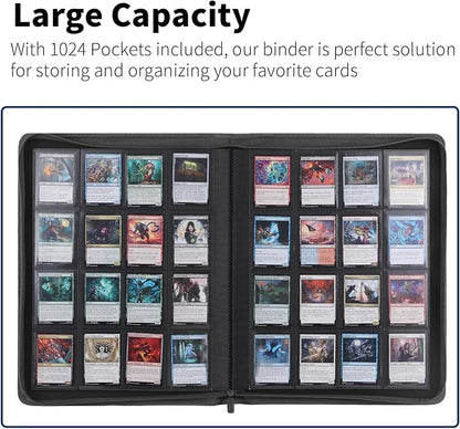 Snekdy premium 1024-pocket trading card binder, 16-pocket cards album, waterproof PU-leather Cover album with side loading, holds gaming, baseball, basketball & sports cards (light grey)