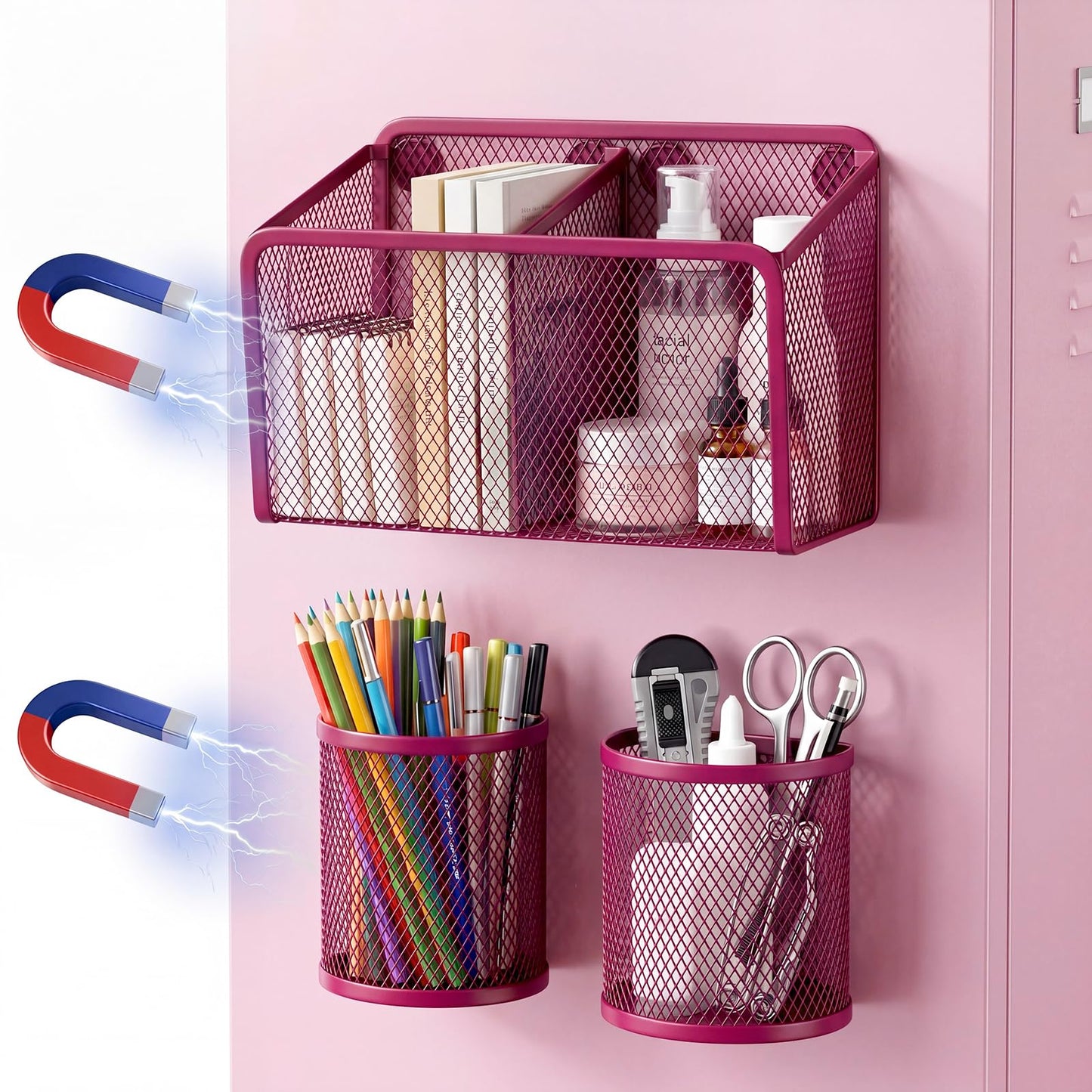 Marspark 3 Pcs Magnetic Pen Holder Set Metal Pencil Holder with Strong Magnets Wire Mesh Storage Basket Organizer for Locker Accessories Whiteboard Refrigerator School Office Dorm(Pink)