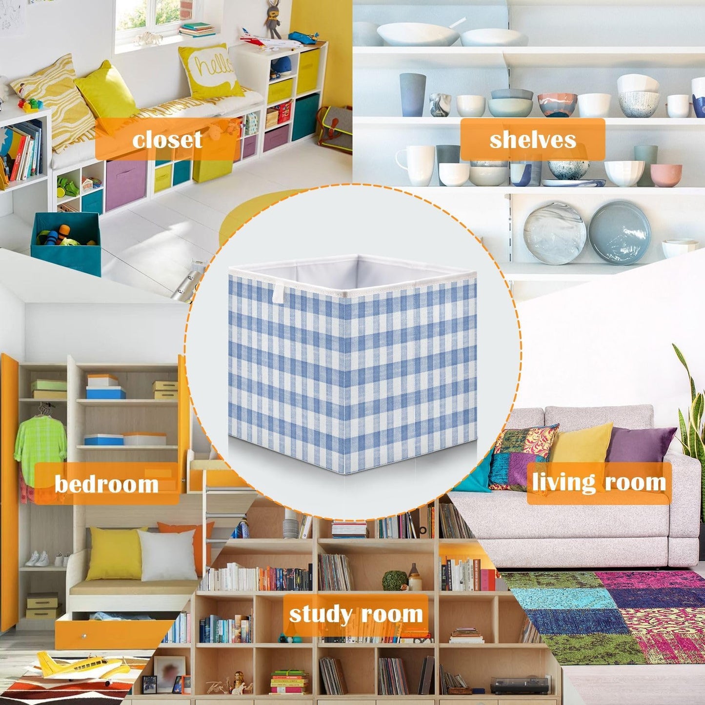 Kigai Blue White Gingham Cube Storage Bins 11x11 inch Collapsible Fabric Storage Cubes Organizer Foldable Boxes Decorative Basket for Home Organizing