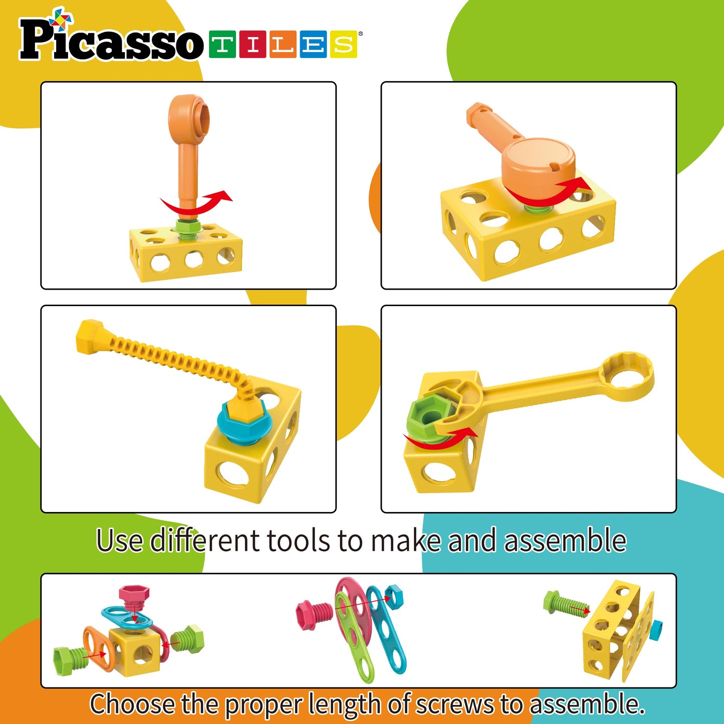 PicassoTiles 115 Piece Building Blocks Set Kids STEM Toy Construction Engineering Sensory Toys Kit Block Children Early Education Playset with FREE IdeaBook, Clickable Ratchet Age 3+ Boys Girls PTN115
