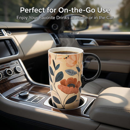 Topadorn Botanical Ceramic Travel Mug with Lid, 17oz Floral Coffee Mug with Handle, Microwave & Dishwasher Safe, Gift Box Included