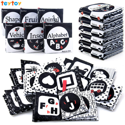 teytoy My First Soft Book, 6 PCS Nontoxic Fabric Cloth Activity Crinkle Black and White Books for Infants Boys and Girls Early Educational Toys Perfect for Baby Shower
