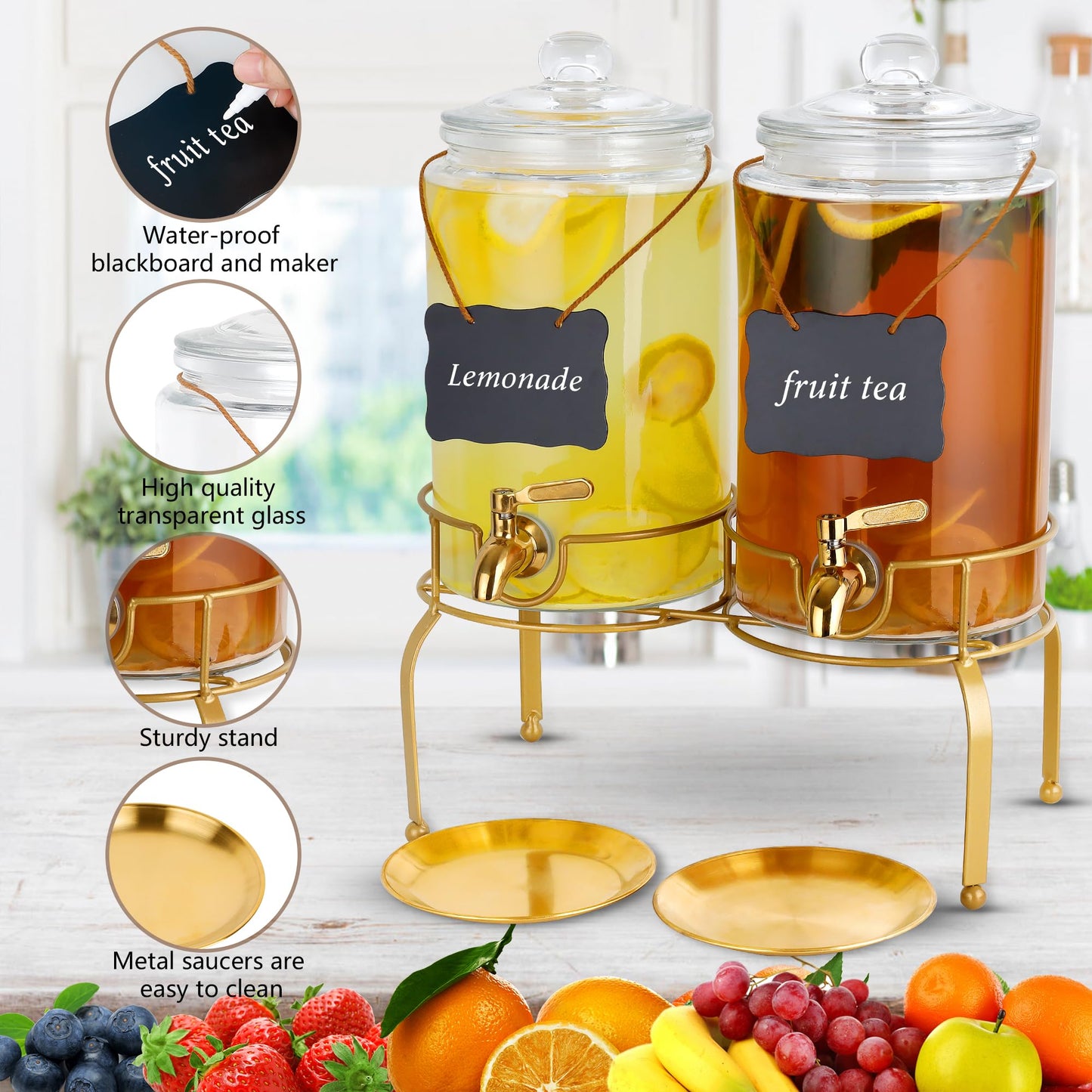Drink Dispensers for Parties, 2 Pack 1 Gallon Beverage Dispenser with Stand, Drink Dispenser With Glass Lid, juice dispensers for parties